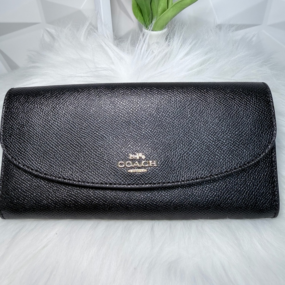 Coach Black Textured Leather Continental Clutch Wallet with Gold Logo - Picture 2 of 12